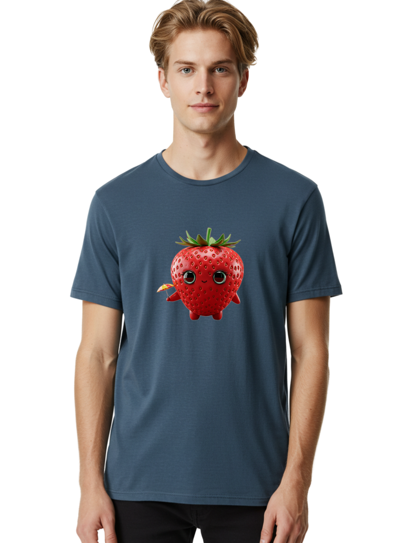 Smiling-Strawberry-1 Men'S Graphic Tee, 100% Cotton, Comfortable Casual Summer Wear, Machine Washable, Cartoon Strawberry Character, Smiling Face, Cute And Playful, Holding A Red And Yellow Umbrella, Kawaii Fruit, Adorable Animation, Bac431