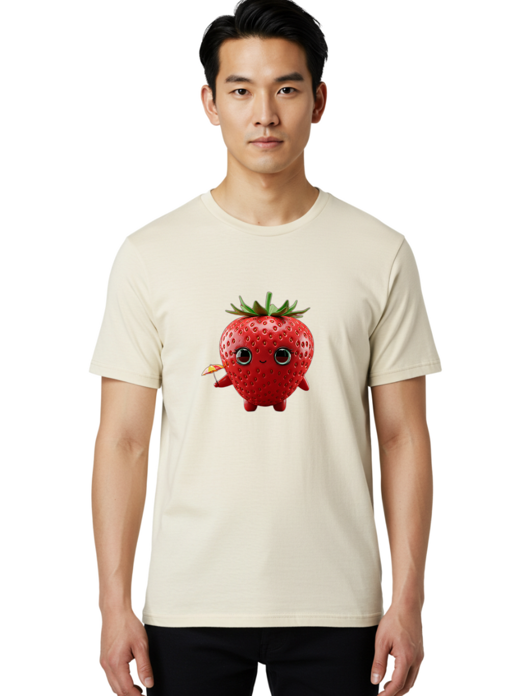 Smiling-Strawberry-1 Men'S Graphic Tee, 100% Cotton, Comfortable Casual Summer Wear, Machine Washable, Cartoon Strawberry Character, Smiling Face, Cute And Playful, Holding A Red And Yellow Umbrella, Kawaii Fruit, Adorable Animation, Bac431