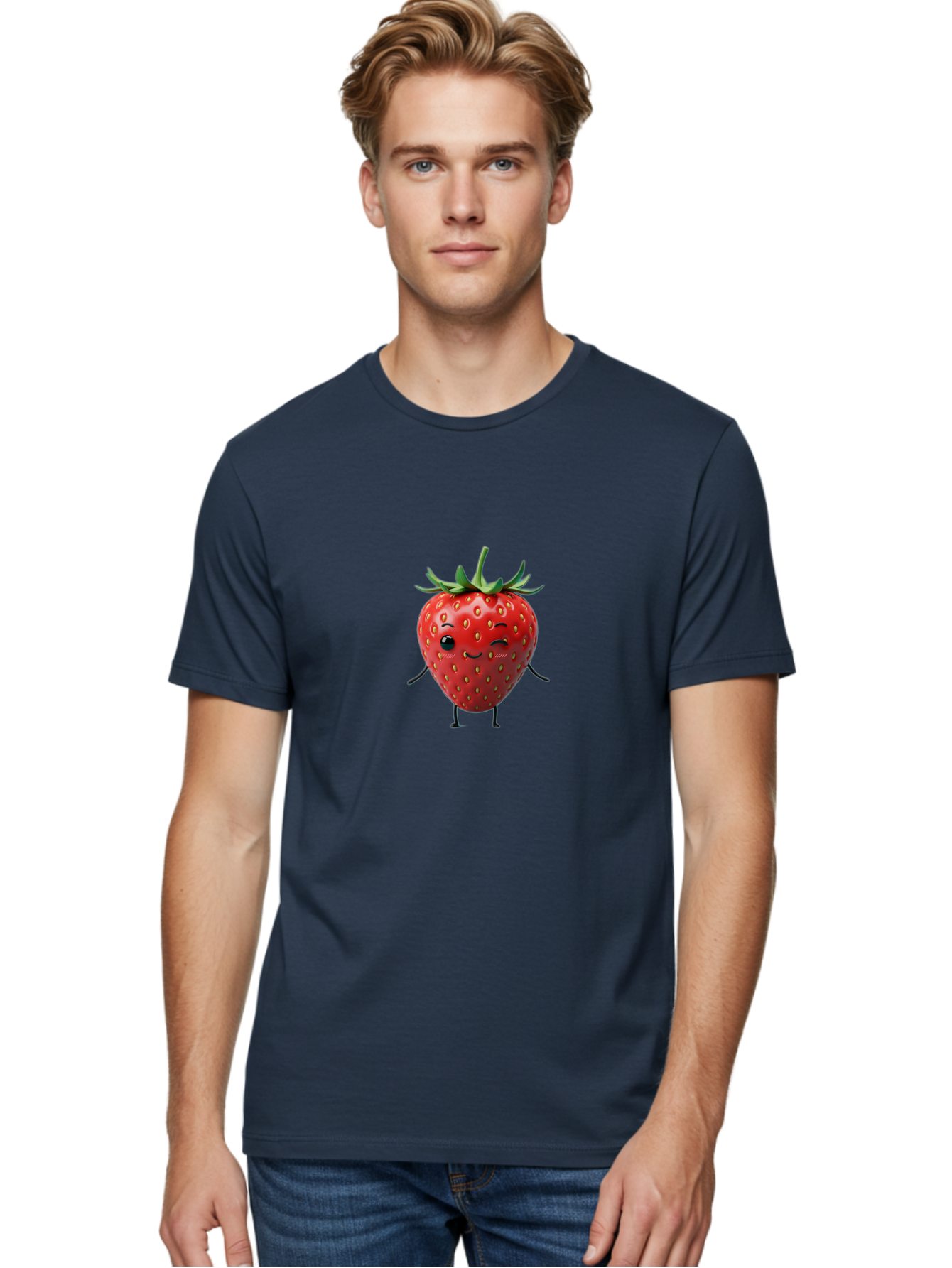 Smiling-Strawberry Men'S Graphic Tee, 100% Cotton, Comfortable Casual Summer Wear, Machine Washable, Cartoon Strawberry, Cute Fruit Character, Winking Face, Whimsical Design, Playful Personality, Sweet Illustration, Fun And Quirky, Bac432