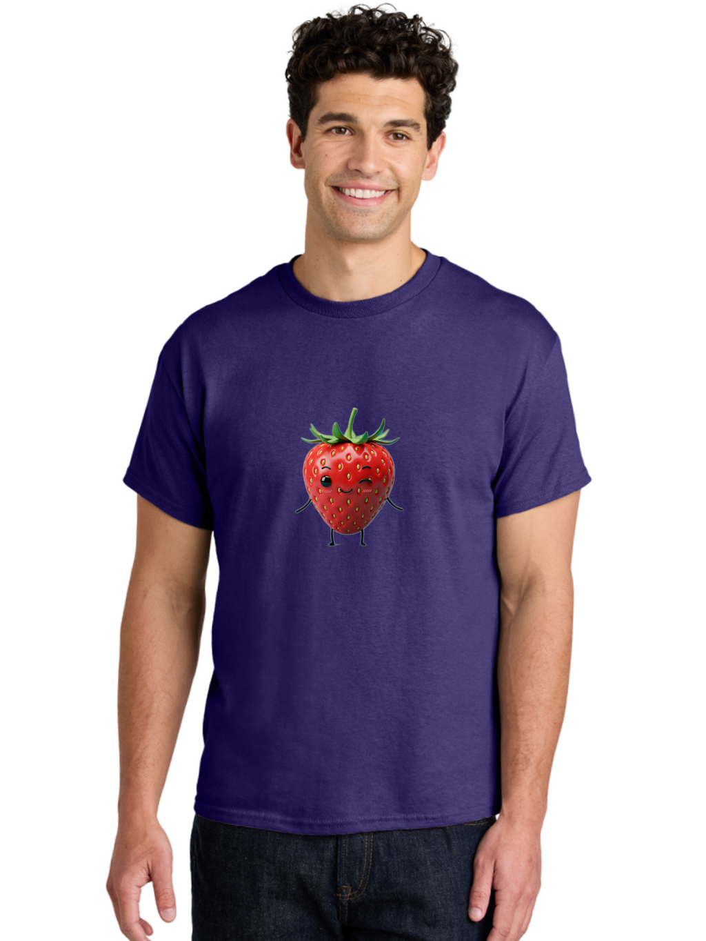 Smiling-Strawberry Men'S Graphic Tee, 100% Cotton, Comfortable Casual Summer Wear, Machine Washable, Cartoon Strawberry, Cute Fruit Character, Winking Face, Whimsical Design, Playful Personality, Sweet Illustration, Fun And Quirky, Bac432