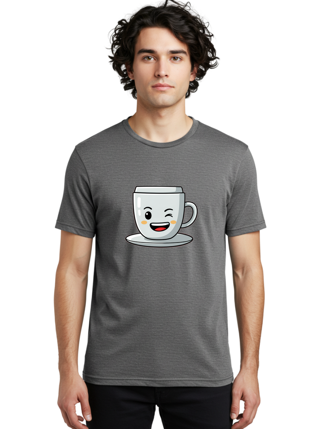 Smiling-Tea-Cup Men'S Graphic Tee, 100% Cotton, Comfortable Casual Summer Wear, Machine Washable, Cartoon Coffee Cup, Smiling Face, Happy Expression, Winking Eye, Red Lips, Kawaii Character, Tea Time, Morning Coffee Bac433