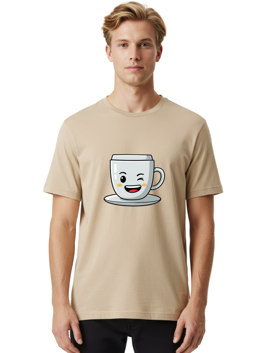 Smiling-Tea-Cup Men'S Graphic Tee, 100% Cotton, Comfortable Casual Summer Wear, Machine Washable, Cartoon Coffee Cup, Smiling Face, Happy Expression, Winking Eye, Red Lips, Kawaii Character, Tea Time, Morning Coffee Bac433