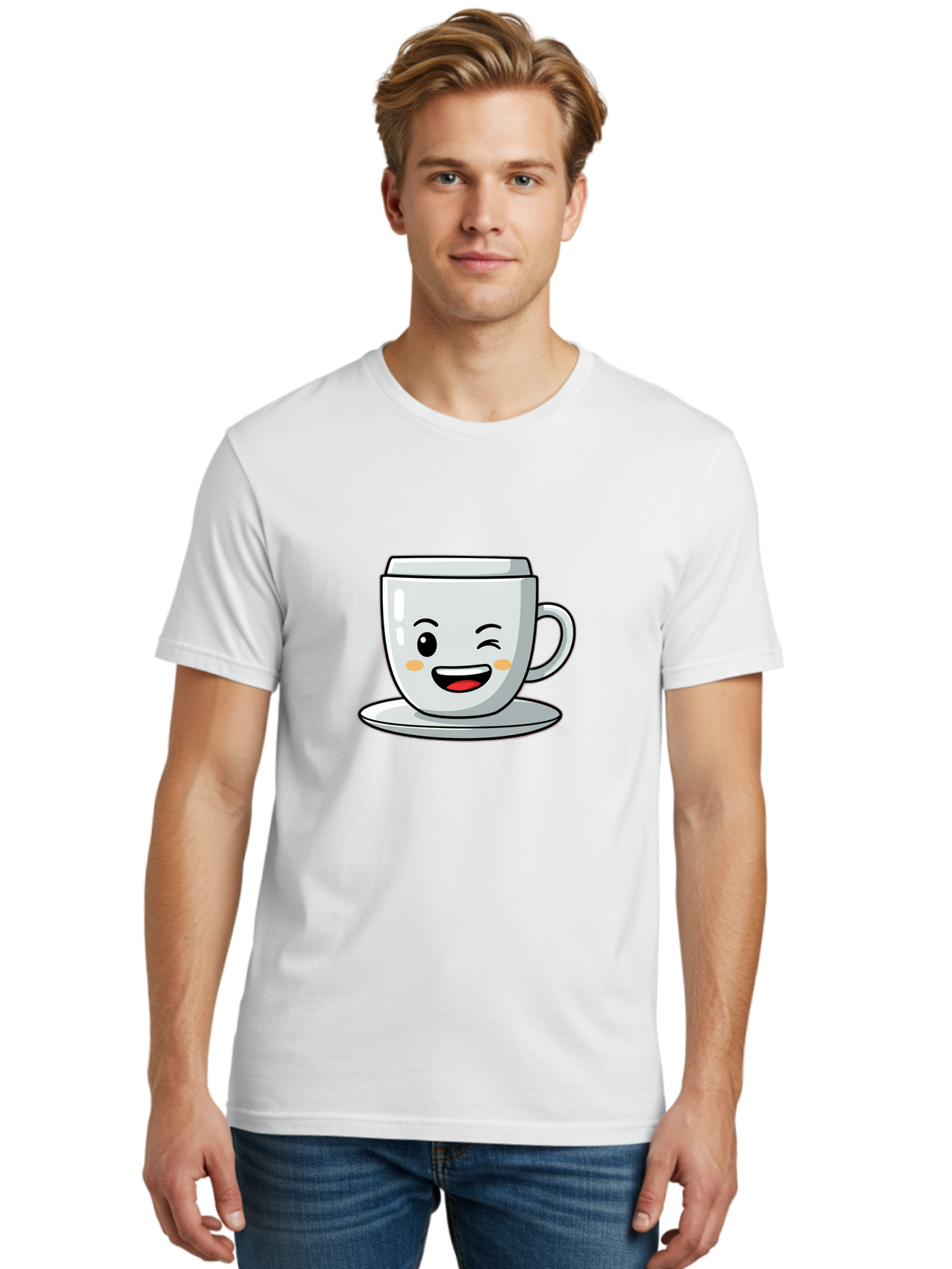 Smiling-Tea-Cup Men'S Graphic Tee, 100% Cotton, Comfortable Casual Summer Wear, Machine Washable, Cartoon Coffee Cup, Smiling Face, Happy Expression, Winking Eye, Red Lips, Kawaii Character, Tea Time, Morning Coffee Bac433