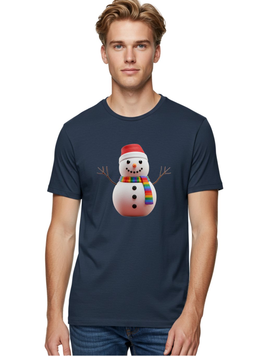 Snowman-2 Men'S Graphic Tee, 100% Cotton, Comfortable Casual Summer Wear, Machine Washable, Snowman With Rainbow Scarf, Christmas Decoration, Winter Wonderland, Festive Character, Holiday Cheer, Colorful Snowman, Winter Scene, Fun Snowman, Bac438