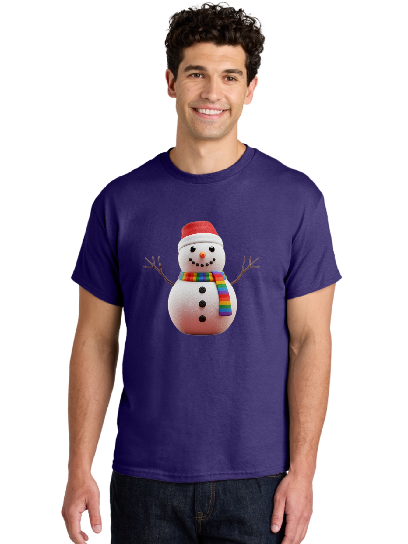 Snowman-2 Men'S Graphic Tee, 100% Cotton, Comfortable Casual Summer Wear, Machine Washable, Snowman With Rainbow Scarf, Christmas Decoration, Winter Wonderland, Festive Character, Holiday Cheer, Colorful Snowman, Winter Scene, Fun Snowman, Bac438