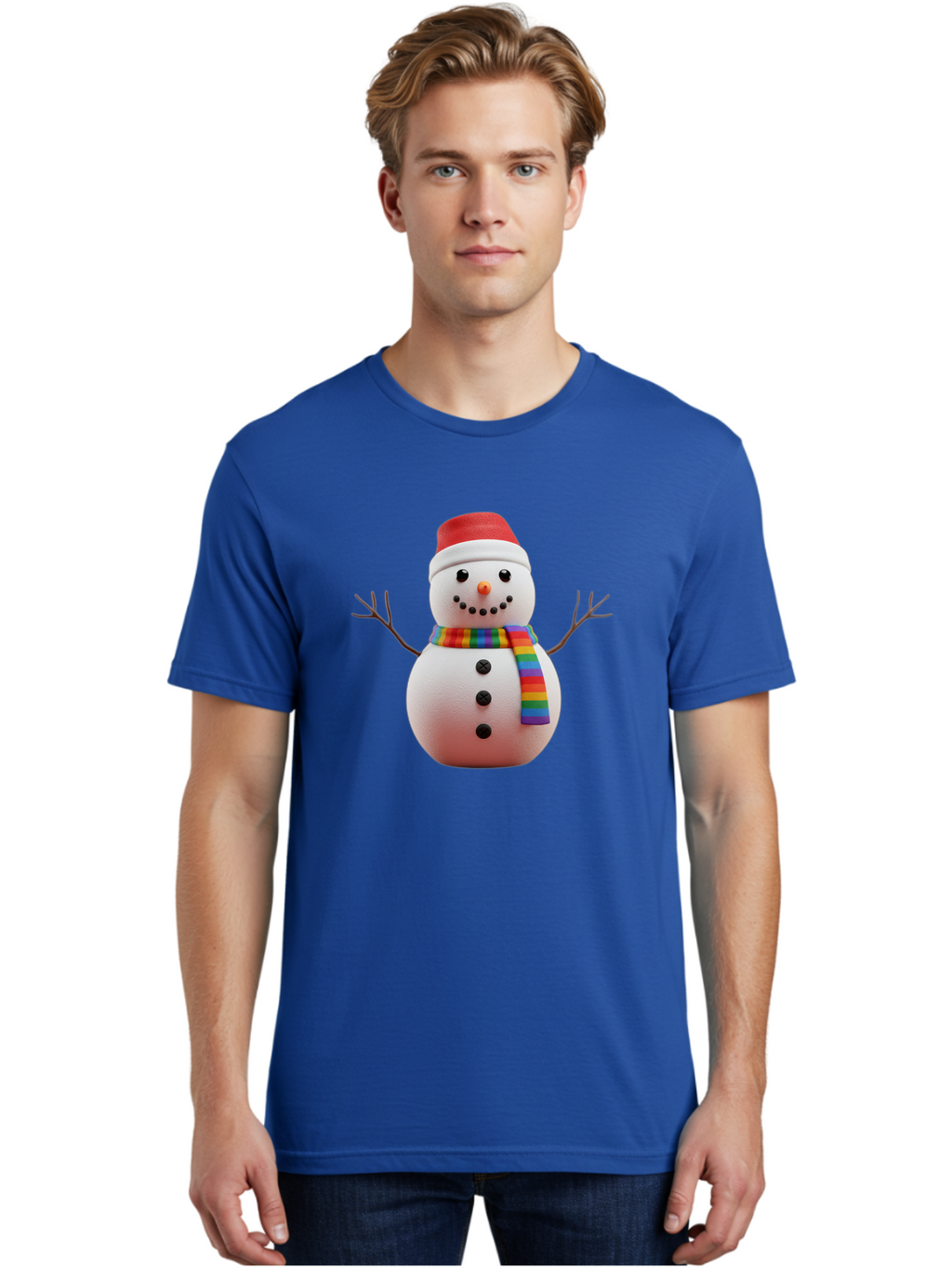 Snowman-2 Men'S Graphic Tee, 100% Cotton, Comfortable Casual Summer Wear, Machine Washable, Snowman With Rainbow Scarf, Christmas Decoration, Winter Wonderland, Festive Character, Holiday Cheer, Colorful Snowman, Winter Scene, Fun Snowman, Bac438