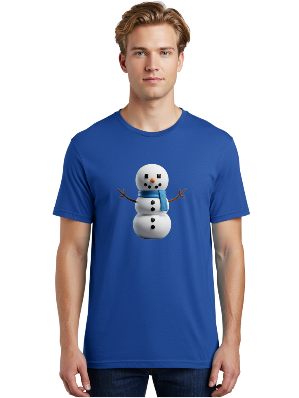 Snowman-3 Men'S Graphic Tee, 100% Cotton, Comfortable Casual Summer Wear, Machine Washable, Snowman With Blue Scarf, Winter Wonderland, Festive Season, Christmas Character, Snow Figure, Holiday Icon, 3D Snowman, Winter Decoration, Bac439