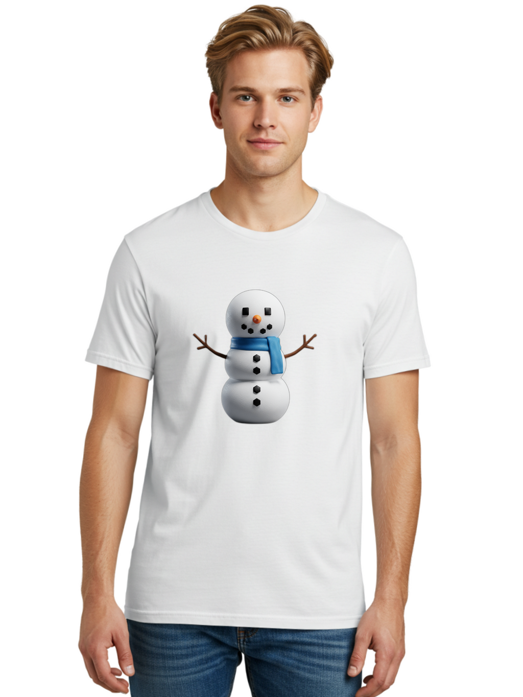 Snowman-3 Men'S Graphic Tee, 100% Cotton, Comfortable Casual Summer Wear, Machine Washable, Snowman With Blue Scarf, Winter Wonderland, Festive Season, Christmas Character, Snow Figure, Holiday Icon, 3D Snowman, Winter Decoration, Bac439