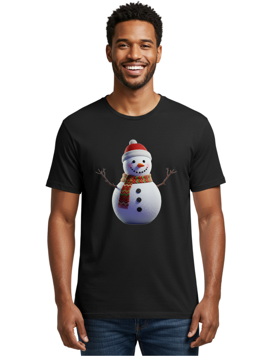 Snowman-4 Men'S Graphic Tee, 100% Cotton, Comfortable Casual Summer Wear, Machine Washable, Snowman Wearing Santa Hat, Red And Green Chevron Scarf, Three Black Buttons, Carrot Nose, Rosy Cheeks, Winter Wonderland, Festive Holiday Scene, Bac440