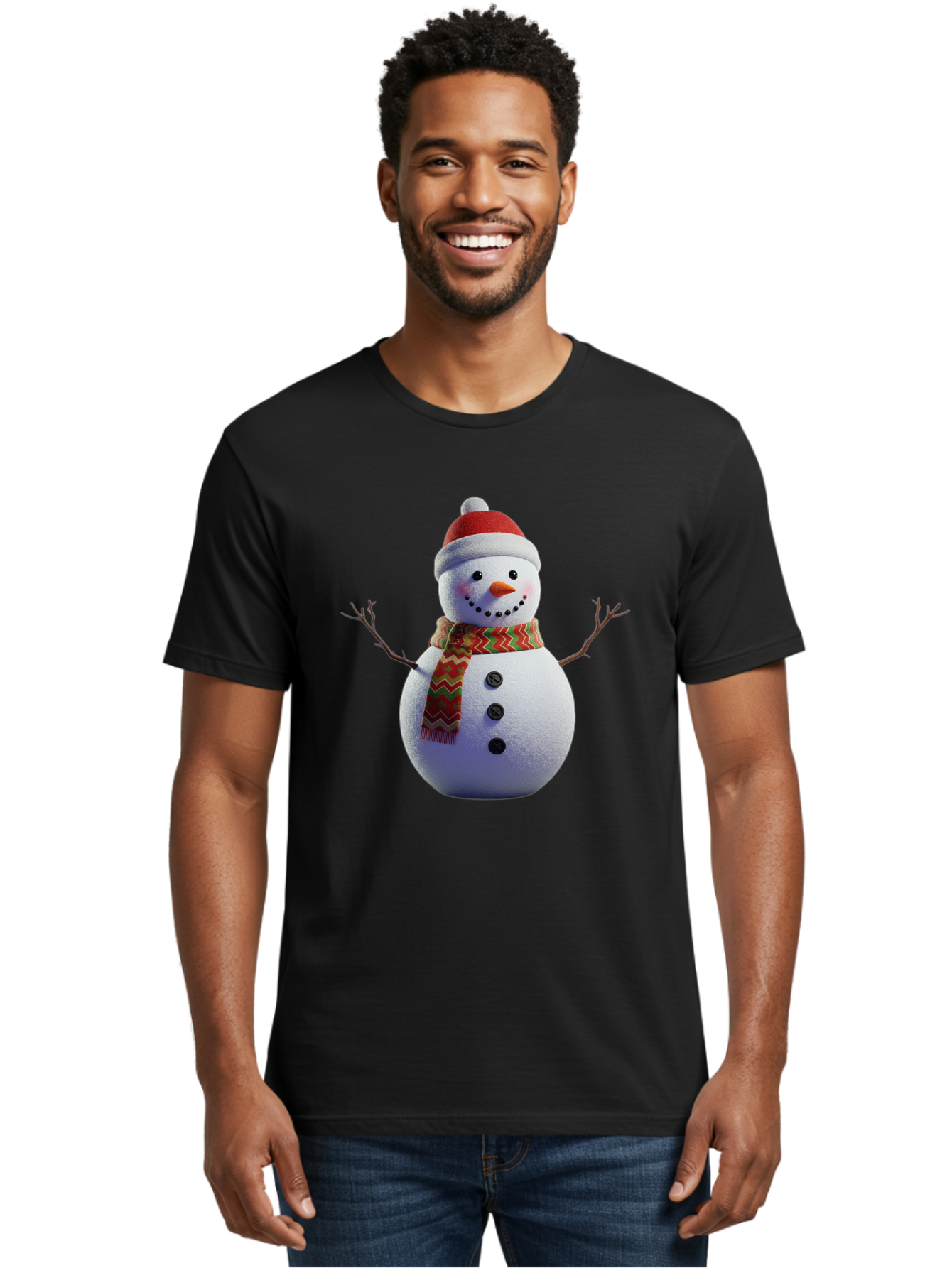 Snowman-4 Men'S Graphic Tee, 100% Cotton, Comfortable Casual Summer Wear, Machine Washable, Snowman Wearing Santa Hat, Red And Green Chevron Scarf, Three Black Buttons, Carrot Nose, Rosy Cheeks, Winter Wonderland, Festive Holiday Scene, Bac440