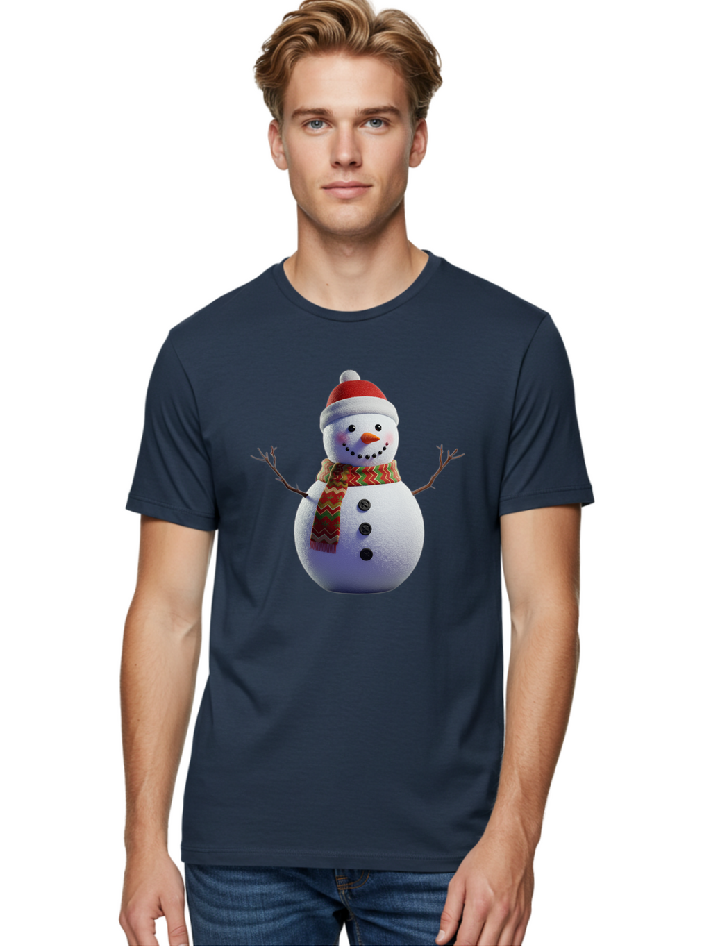 Snowman-4 Men'S Graphic Tee, 100% Cotton, Comfortable Casual Summer Wear, Machine Washable, Snowman Wearing Santa Hat, Red And Green Chevron Scarf, Three Black Buttons, Carrot Nose, Rosy Cheeks, Winter Wonderland, Festive Holiday Scene, Bac440