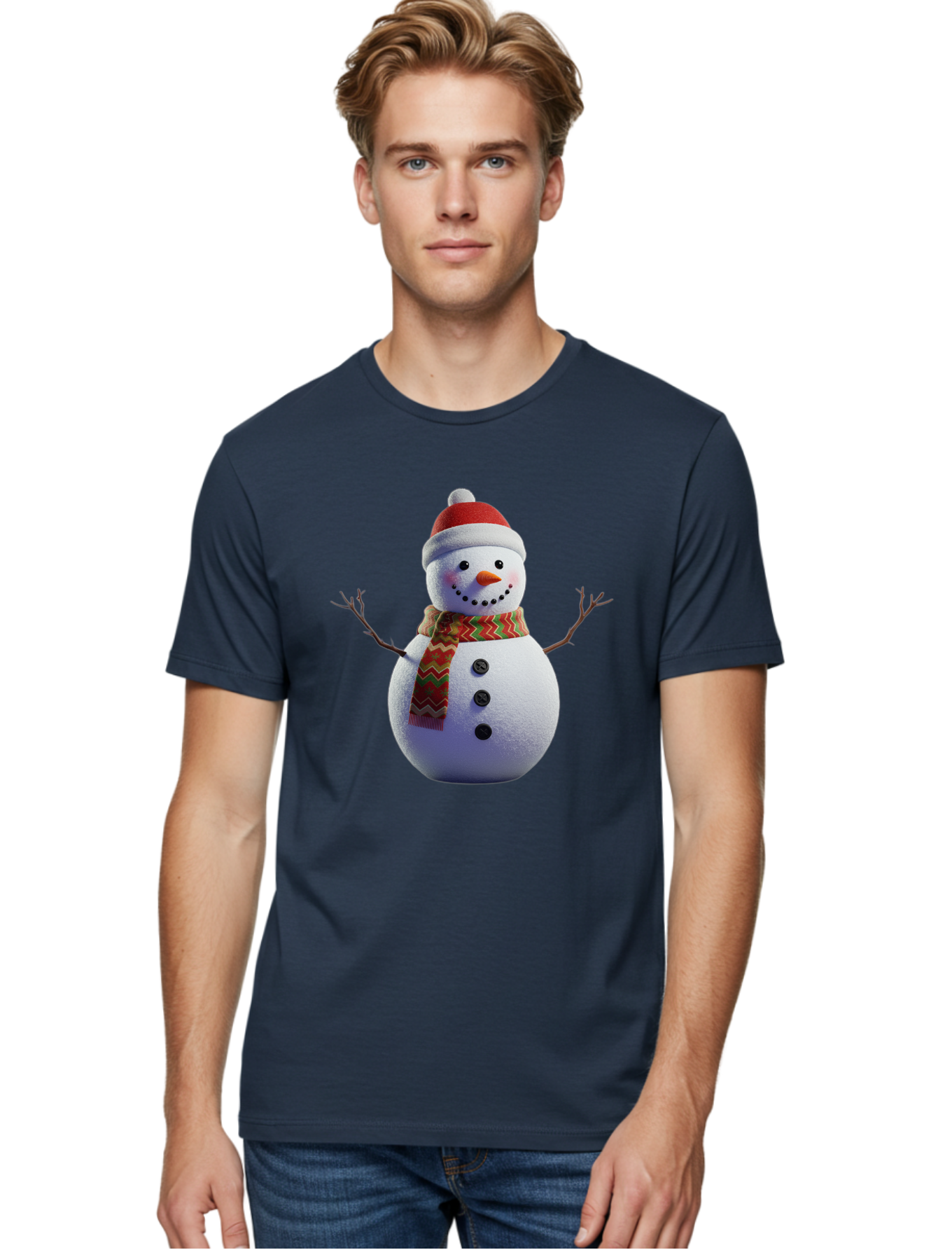 Snowman-4 Men'S Graphic Tee, 100% Cotton, Comfortable Casual Summer Wear, Machine Washable, Snowman Wearing Santa Hat, Red And Green Chevron Scarf, Three Black Buttons, Carrot Nose, Rosy Cheeks, Winter Wonderland, Festive Holiday Scene, Bac440