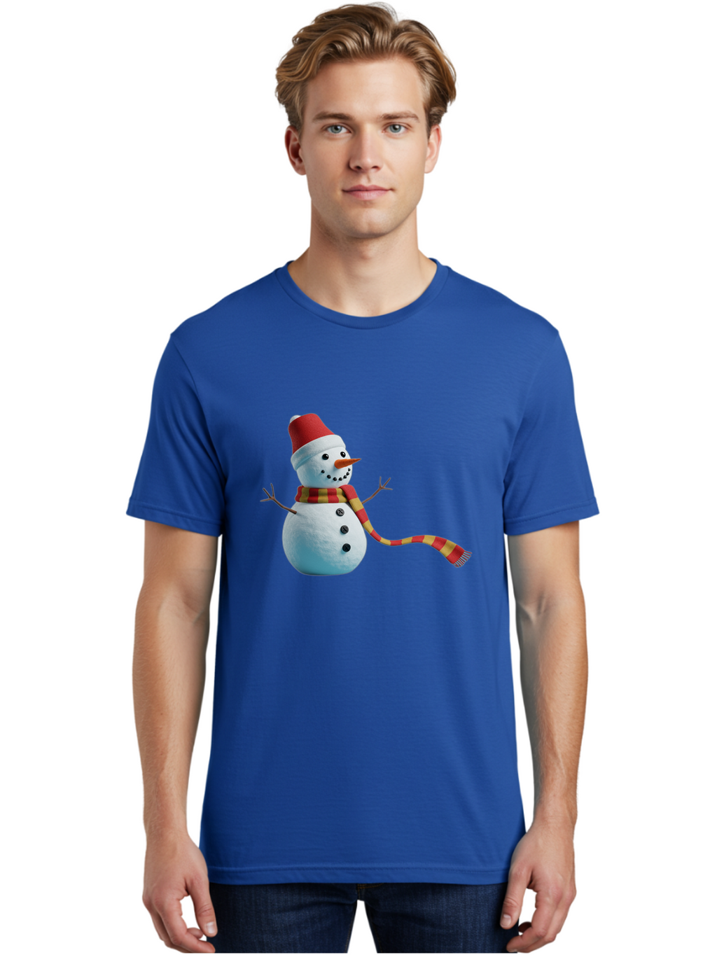 Snowman-6 Men'S Graphic Tee, 100% Cotton, Comfortable Casual Summer Wear, Machine Washable, Snowman Wearing Red Hat, Red And Yellow Scarf, Black Buttons, Carrot Nose, Festive Winter Decor, Holiday Character, Christmas Theme, Winter Wonderland, Bac442