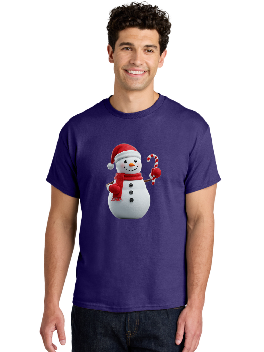 Snowman-With-Santa-Hat Men'S Graphic Tee, 100% Cotton, Comfortable Casual Summer Wear, Machine Washable, Snowman Wearing Red Hat, Red Scarf, Three Black Buttons, Carrot Nose, Holding Candy Cane, Festive Holiday Character, Winter Wonderland, Bac444