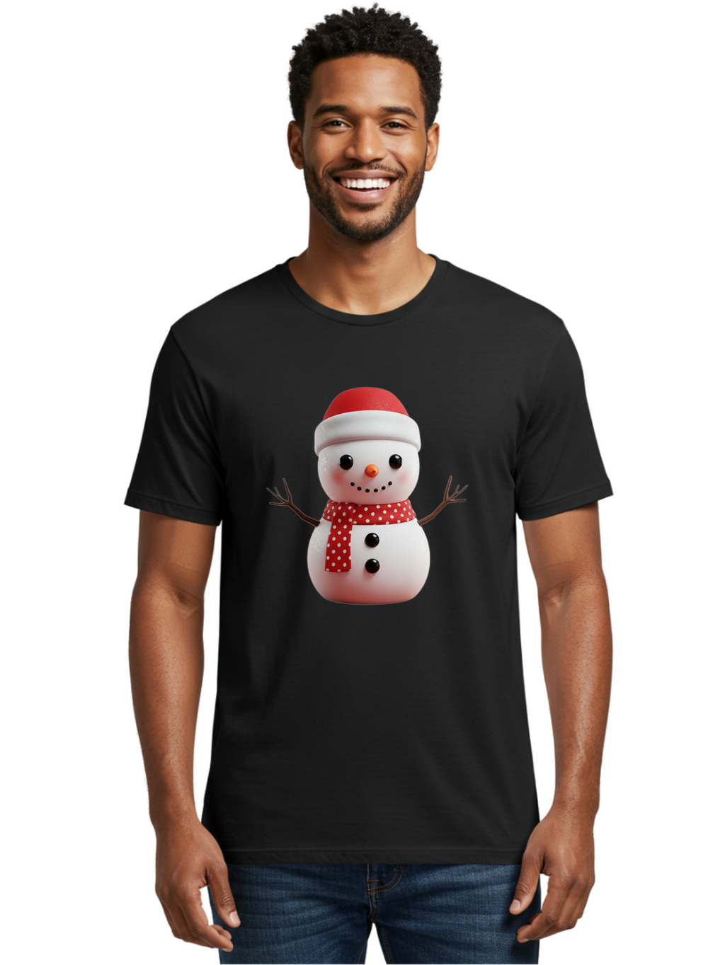Snowman Men'S Graphic Tee, 100% Cotton, Comfortable Casual Summer Wear, Machine Washable, Snowman Figurine, Winter Decoration, Festive Snowman, Holiday Character, Red Scarf, White Polka Dots, Christmas Ornament, Snowman Charm, Bac445