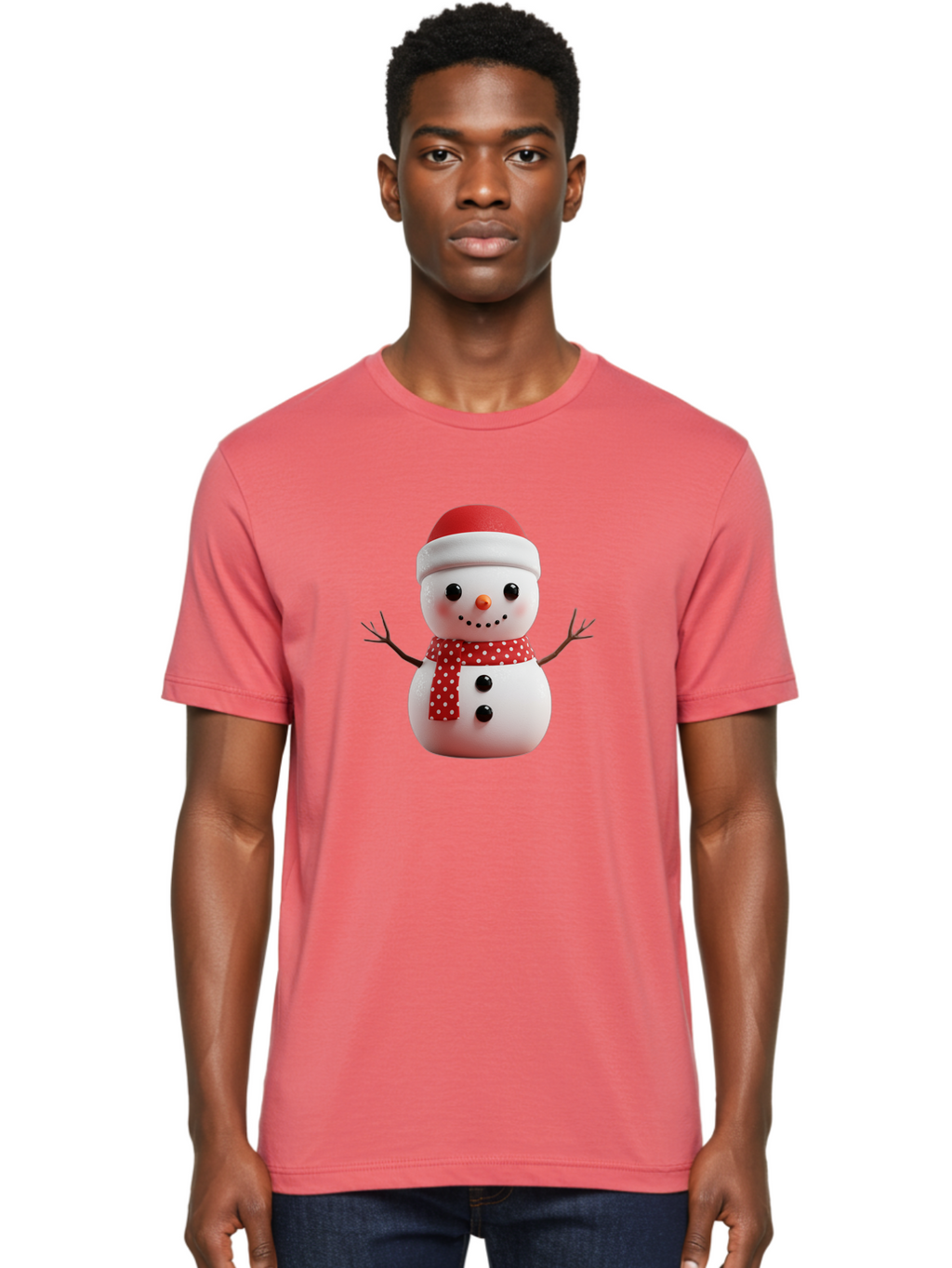 Snowman Men'S Graphic Tee, 100% Cotton, Comfortable Casual Summer Wear, Machine Washable, Snowman Figurine, Winter Decoration, Festive Snowman, Holiday Character, Red Scarf, White Polka Dots, Christmas Ornament, Snowman Charm, Bac445