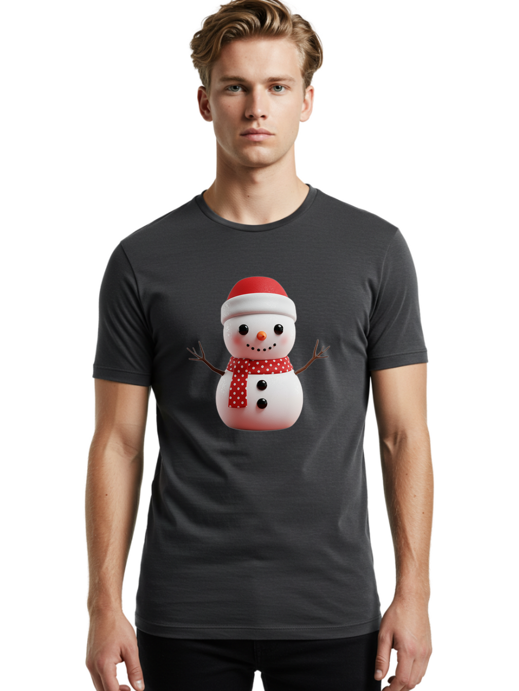 Snowman Men'S Graphic Tee, 100% Cotton, Comfortable Casual Summer Wear, Machine Washable, Snowman Figurine, Winter Decoration, Festive Snowman, Holiday Character, Red Scarf, White Polka Dots, Christmas Ornament, Snowman Charm, Bac445