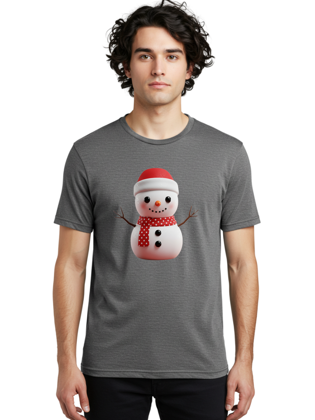 Snowman Men'S Graphic Tee, 100% Cotton, Comfortable Casual Summer Wear, Machine Washable, Snowman Figurine, Winter Decoration, Festive Snowman, Holiday Character, Red Scarf, White Polka Dots, Christmas Ornament, Snowman Charm, Bac445