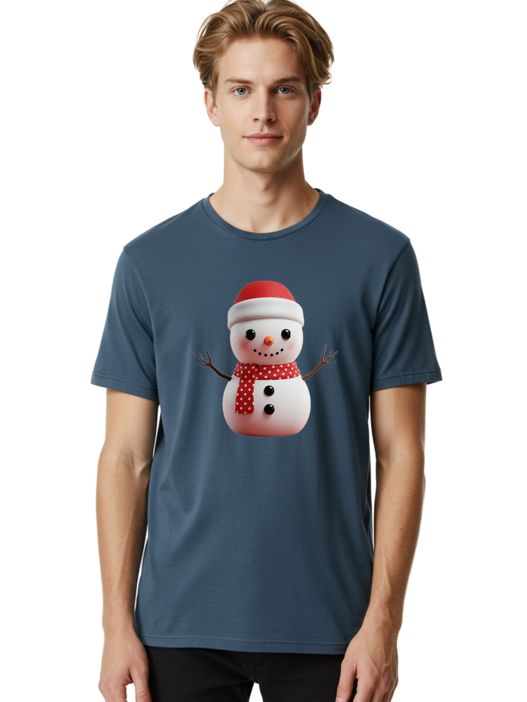 Snowman Men'S Graphic Tee, 100% Cotton, Comfortable Casual Summer Wear, Machine Washable, Snowman Figurine, Winter Decoration, Festive Snowman, Holiday Character, Red Scarf, White Polka Dots, Christmas Ornament, Snowman Charm, Bac445