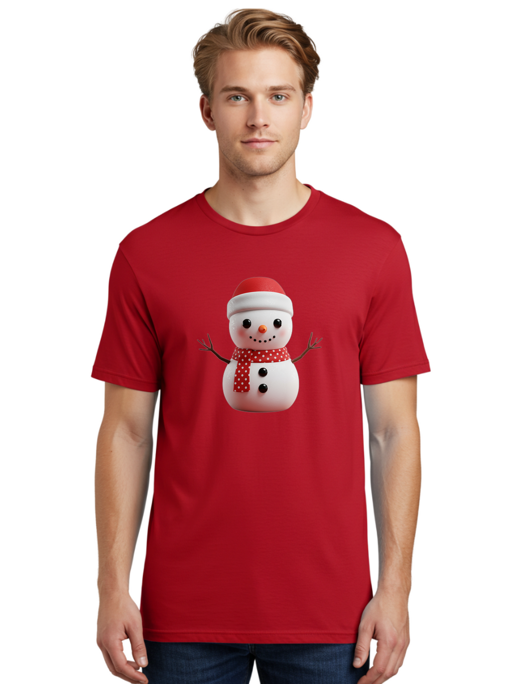 Snowman Men'S Graphic Tee, 100% Cotton, Comfortable Casual Summer Wear, Machine Washable, Snowman Figurine, Winter Decoration, Festive Snowman, Holiday Character, Red Scarf, White Polka Dots, Christmas Ornament, Snowman Charm, Bac445