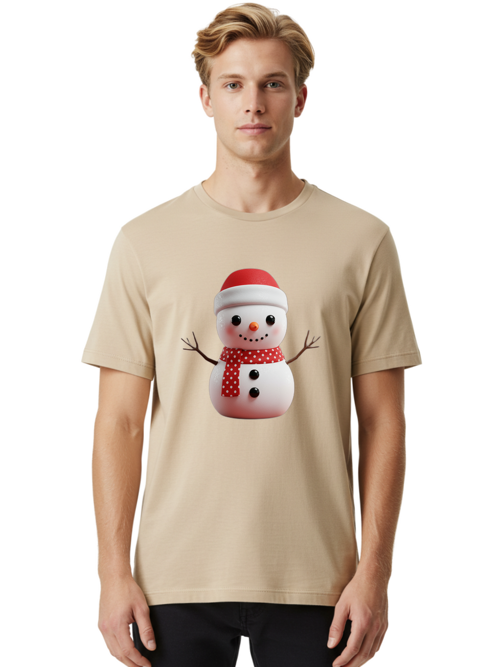 Snowman Men'S Graphic Tee, 100% Cotton, Comfortable Casual Summer Wear, Machine Washable, Snowman Figurine, Winter Decoration, Festive Snowman, Holiday Character, Red Scarf, White Polka Dots, Christmas Ornament, Snowman Charm, Bac445