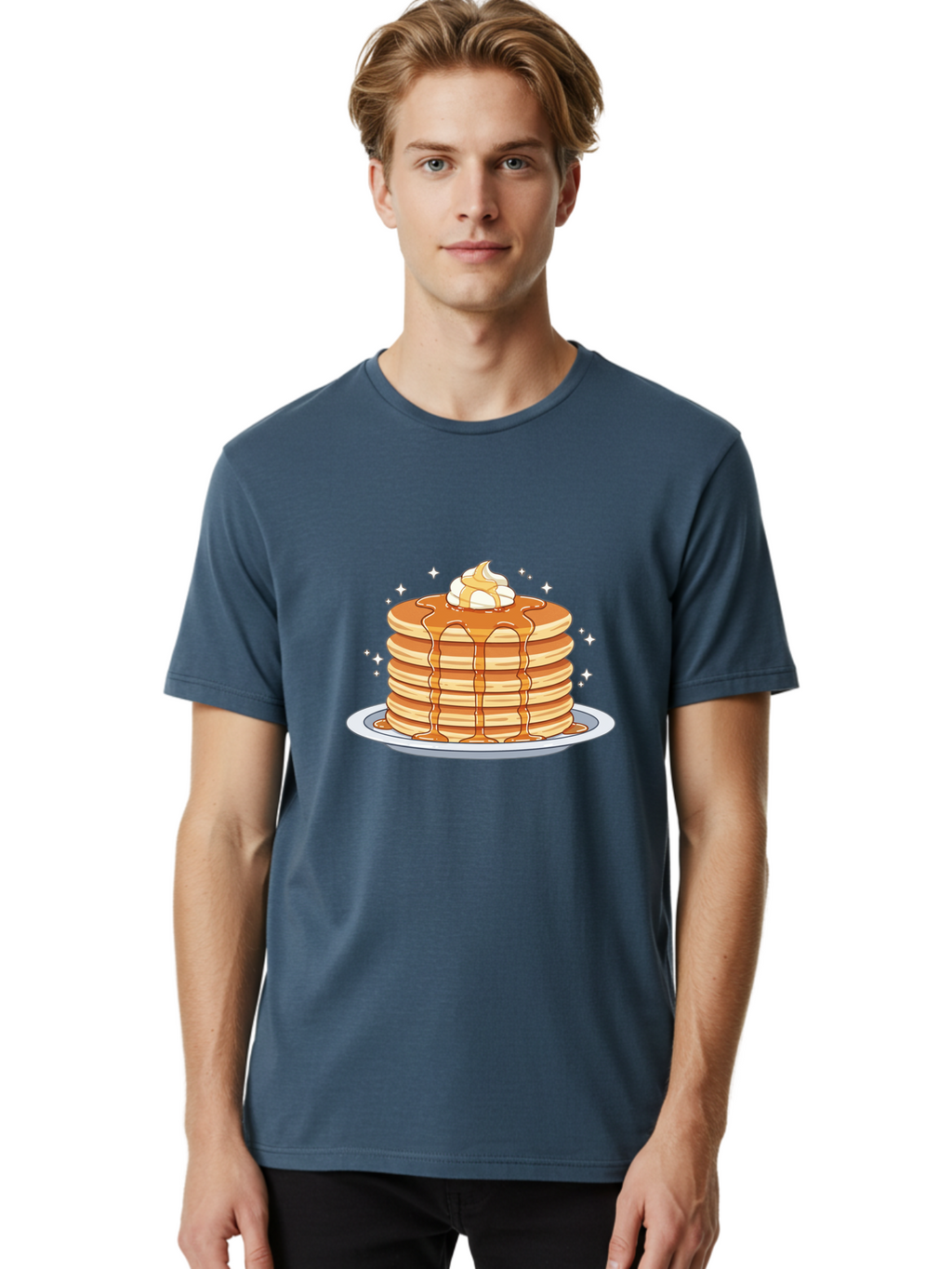 Stack-Of-Pancakes Men'S Graphic Tee, 100% Cotton, Comfortable Casual Summer Wear, Machine Washable, Stacked Pancakes, Whipped Cream Topping, Maple Syrup Dripping, Sweet Breakfast, Fluffy Pancakes, Breakfast Treat, Morning Meal, Bac446