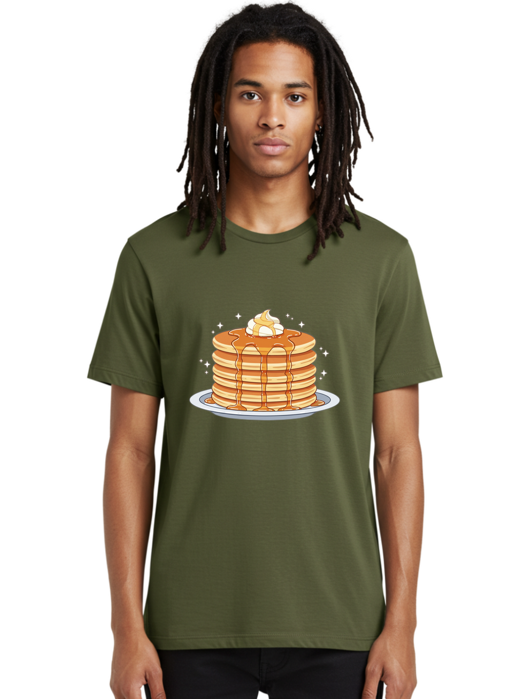 Stack-Of-Pancakes Men'S Graphic Tee, 100% Cotton, Comfortable Casual Summer Wear, Machine Washable, Stacked Pancakes, Whipped Cream Topping, Maple Syrup Dripping, Sweet Breakfast, Fluffy Pancakes, Breakfast Treat, Morning Meal, Bac446