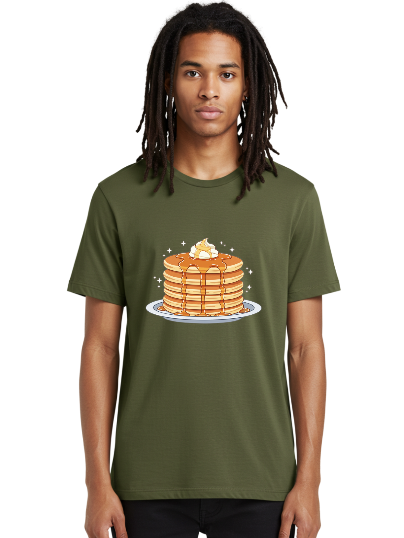 Stack-Of-Pancakes Men'S Graphic Tee, 100% Cotton, Comfortable Casual Summer Wear, Machine Washable, Stacked Pancakes, Whipped Cream Topping, Maple Syrup Dripping, Sweet Breakfast, Fluffy Pancakes, Breakfast Treat, Morning Meal, Bac446