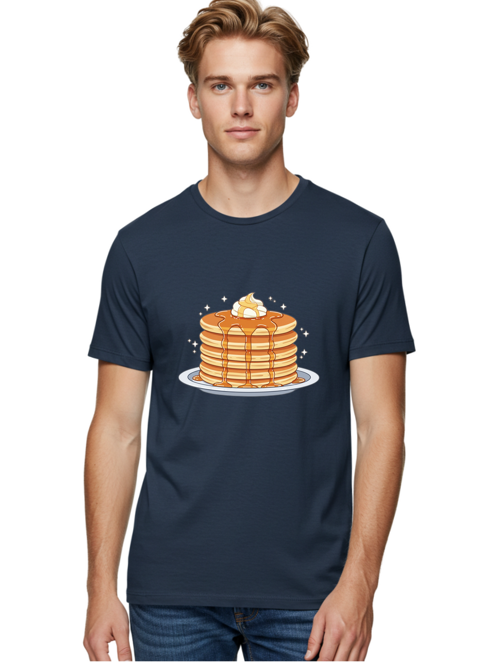 Stack-Of-Pancakes Men'S Graphic Tee, 100% Cotton, Comfortable Casual Summer Wear, Machine Washable, Stacked Pancakes, Whipped Cream Topping, Maple Syrup Dripping, Sweet Breakfast, Fluffy Pancakes, Breakfast Treat, Morning Meal, Bac446
