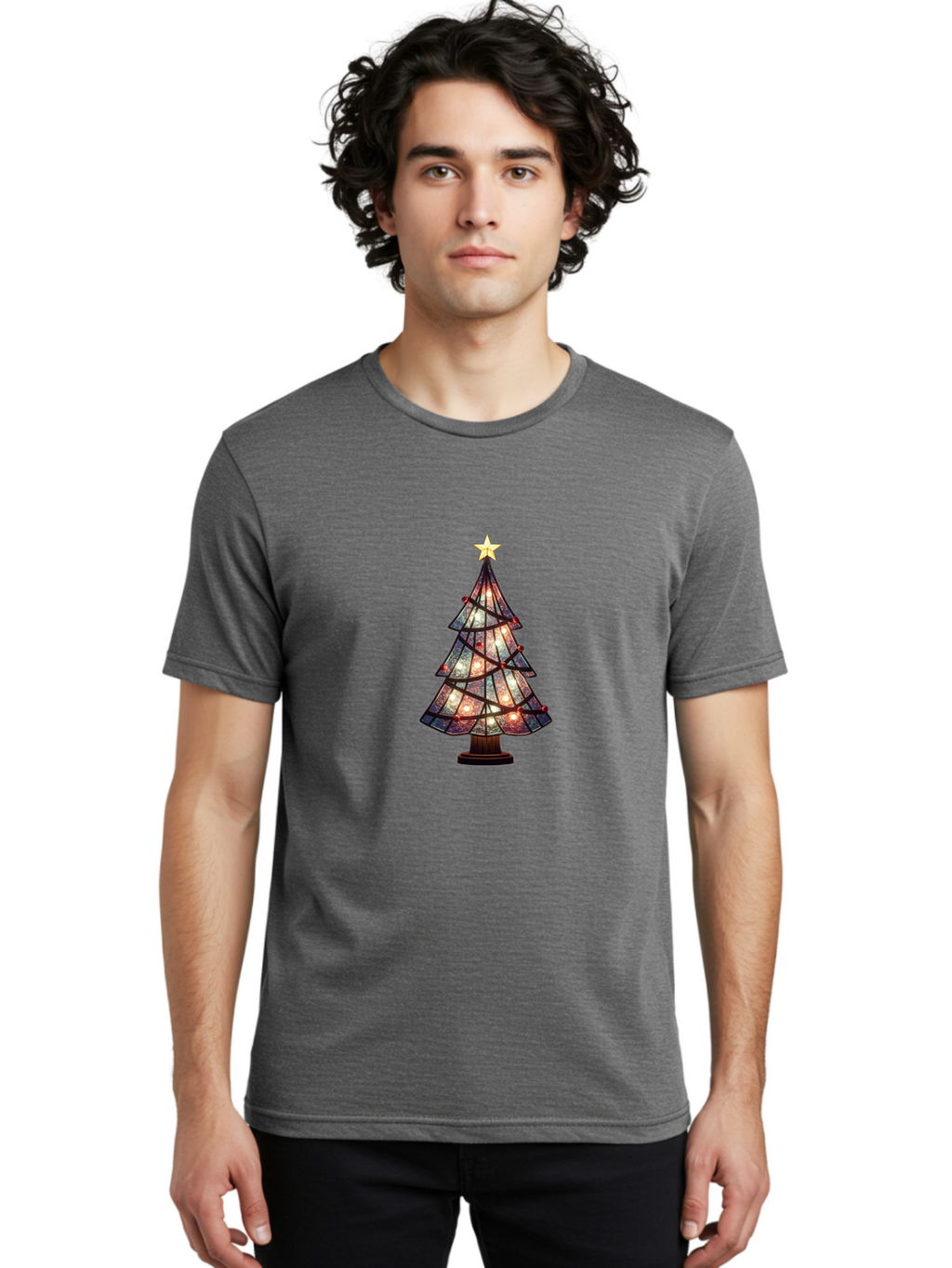 Stained-Glass-Christmas-Tree Men'S Graphic Tee, 100% Cotton, Comfortable Casual Summer Wear, Machine Washable, Stained Glass, Christmas Tree, Festive Decor, Holiday Decoration, Christmas Lights, Star Topper, Holiday Ambiance, Colorful Tree, Bac447