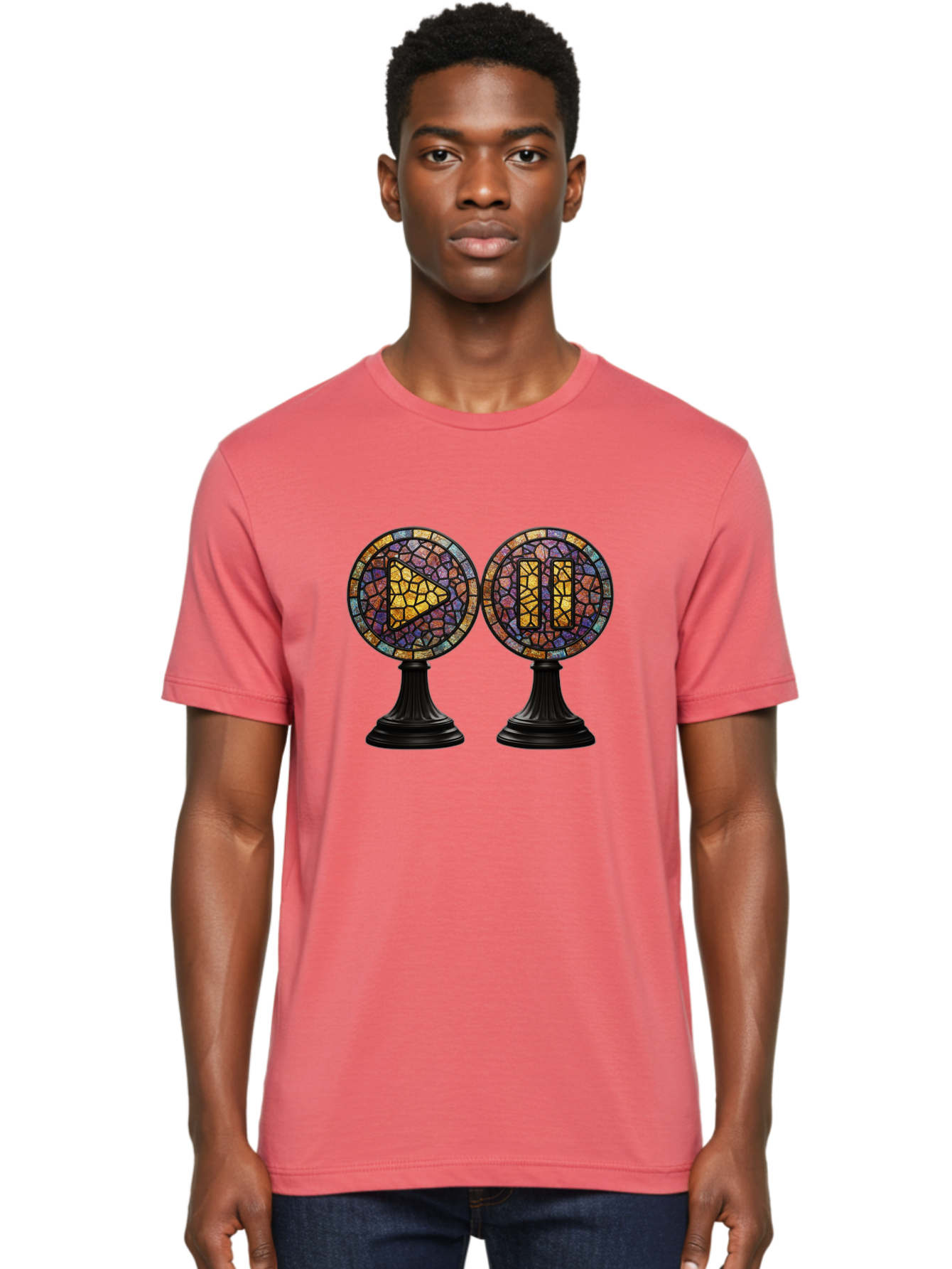 Stained-Glass-Play-And-Pause-Buttons Men'S Graphic Tee, 100% Cotton, Comfortable Casual Summer Wear, Machine Washable, Mosaic Art, Play And Pause Buttons, Media Controls, Stained Glass Design, Colorful Tiles, Black Pedestals, Bac448