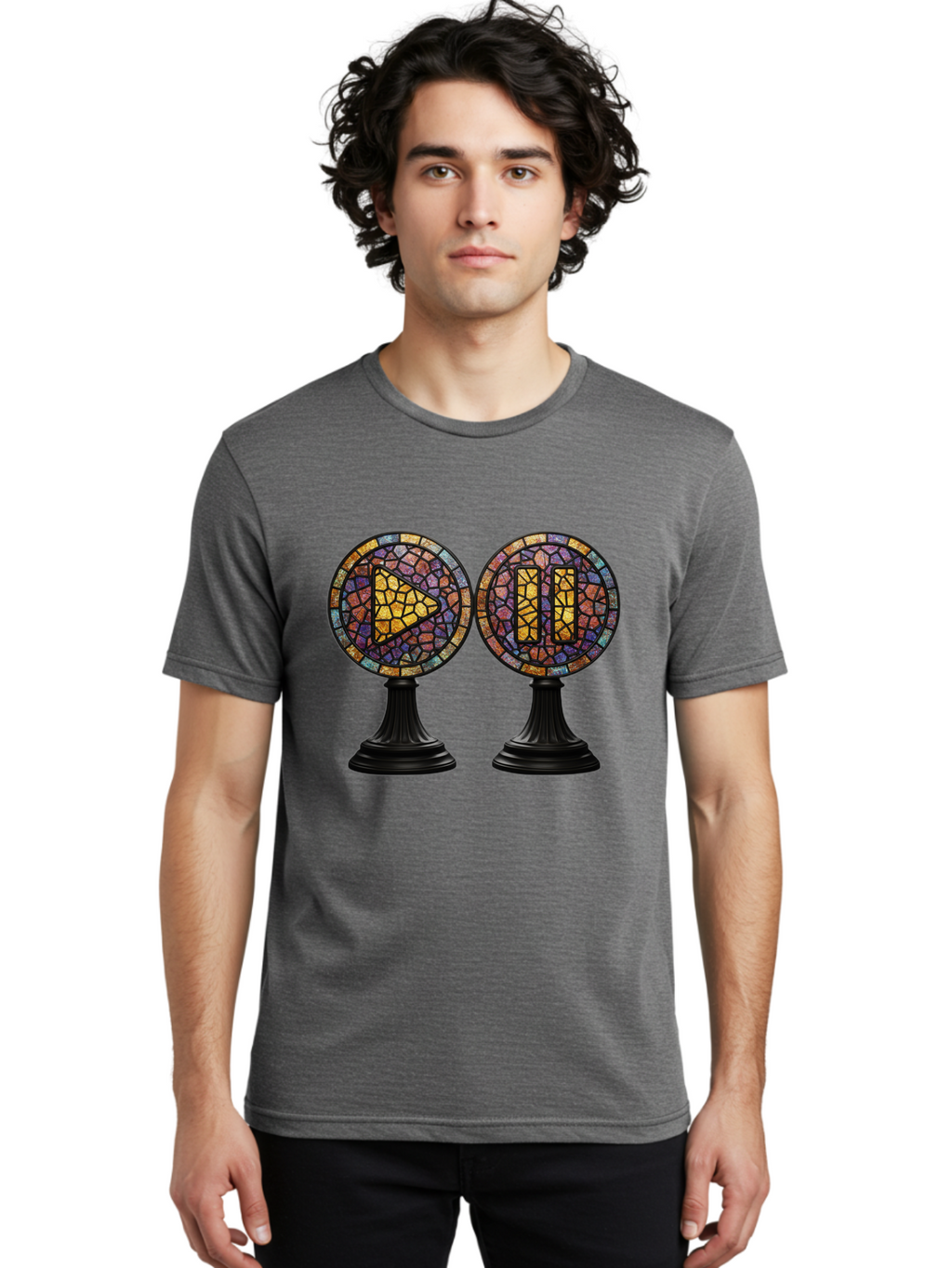 Stained-Glass-Play-And-Pause-Buttons Men'S Graphic Tee, 100% Cotton, Comfortable Casual Summer Wear, Machine Washable, Mosaic Art, Play And Pause Buttons, Media Controls, Stained Glass Design, Colorful Tiles, Black Pedestals, Bac448