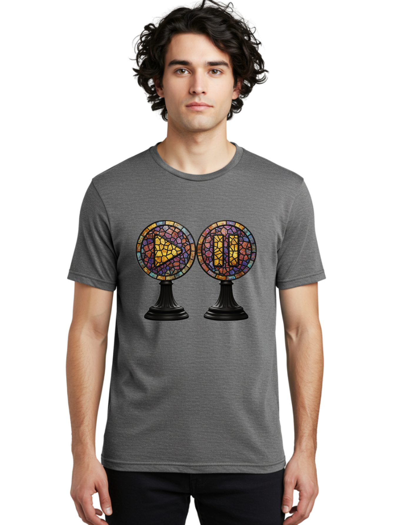Stained-Glass-Play-And-Pause-Buttons Men'S Graphic Tee, 100% Cotton, Comfortable Casual Summer Wear, Machine Washable, Mosaic Art, Play And Pause Buttons, Media Controls, Stained Glass Design, Colorful Tiles, Black Pedestals, Bac448