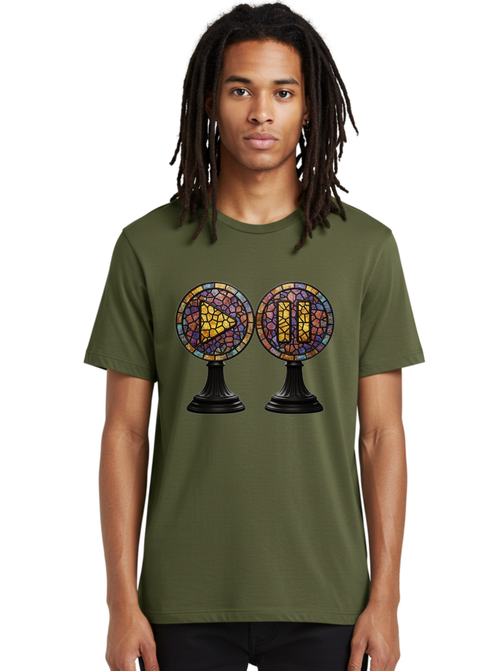 Stained-Glass-Play-And-Pause-Buttons Men'S Graphic Tee, 100% Cotton, Comfortable Casual Summer Wear, Machine Washable, Mosaic Art, Play And Pause Buttons, Media Controls, Stained Glass Design, Colorful Tiles, Black Pedestals, Bac448