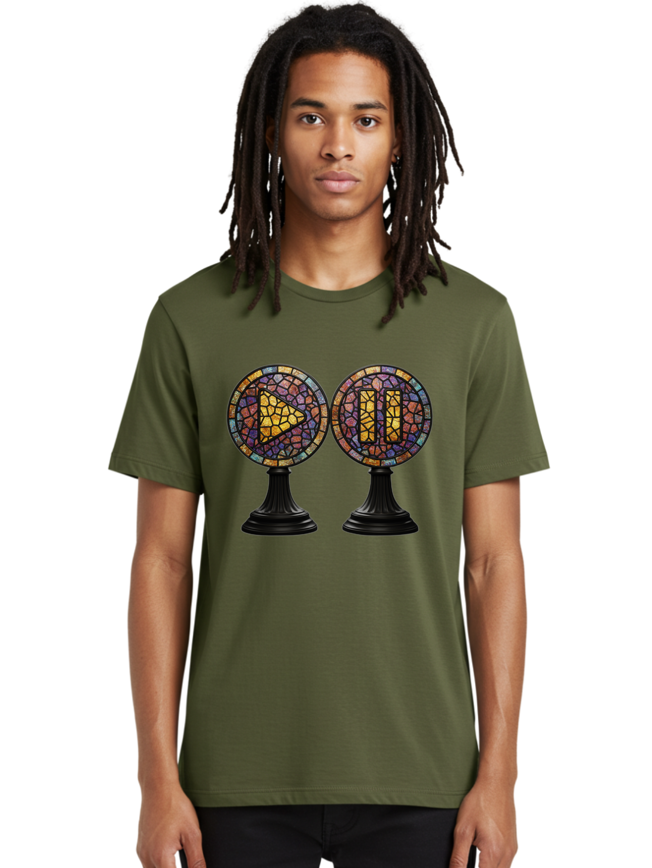 Stained-Glass-Play-And-Pause-Buttons Men'S Graphic Tee, 100% Cotton, Comfortable Casual Summer Wear, Machine Washable, Mosaic Art, Play And Pause Buttons, Media Controls, Stained Glass Design, Colorful Tiles, Black Pedestals, Bac448