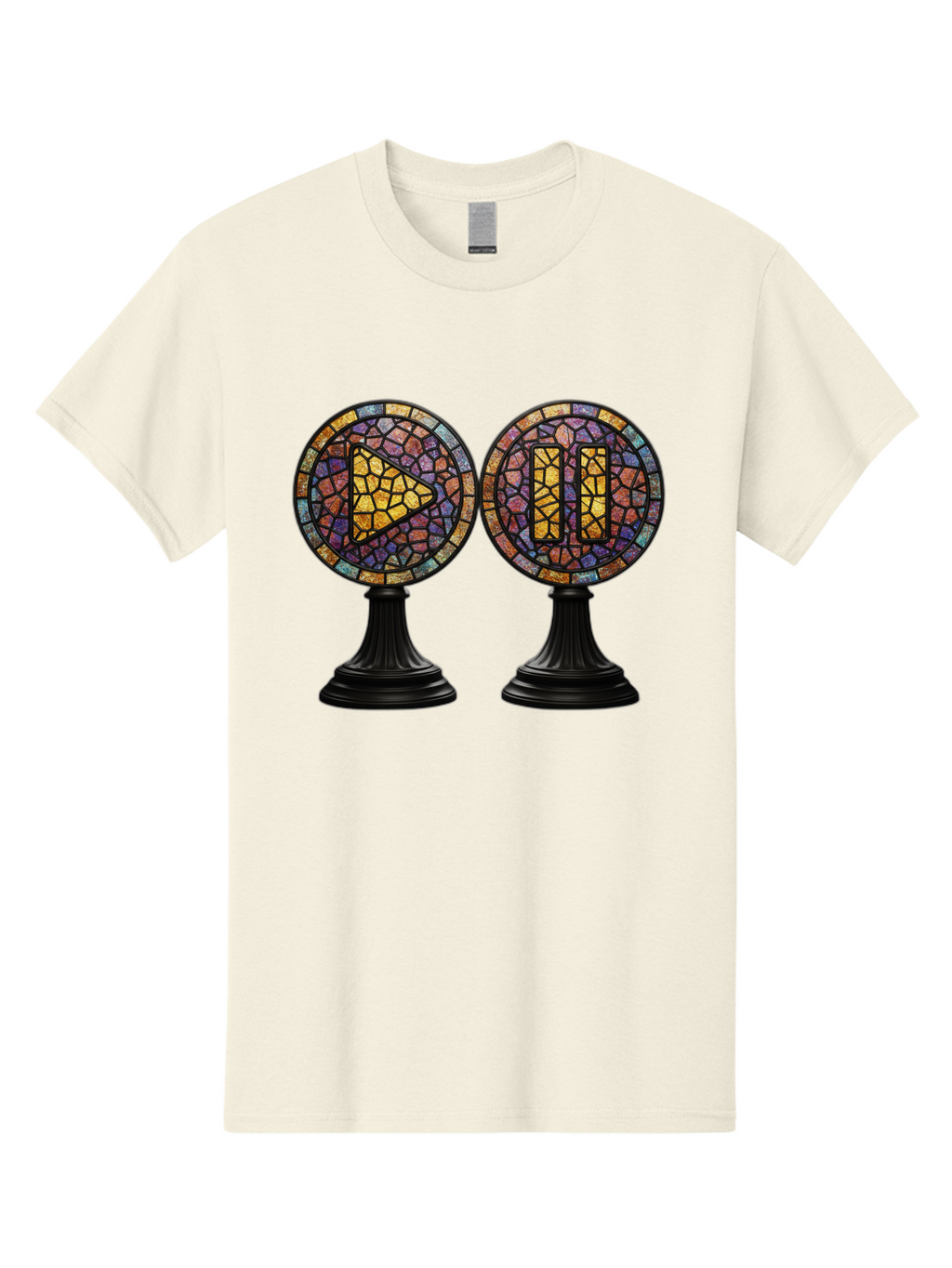 Stained-Glass-Play-And-Pause-Buttons Men'S Graphic Tee, 100% Cotton, Comfortable Casual Summer Wear, Machine Washable, Mosaic Art, Play And Pause Buttons, Media Controls, Stained Glass Design, Colorful Tiles, Black Pedestals, Bac448