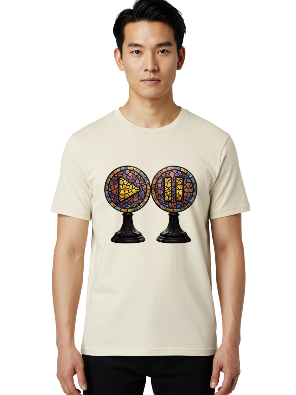 Stained-Glass-Play-And-Pause-Buttons Men'S Graphic Tee, 100% Cotton, Comfortable Casual Summer Wear, Machine Washable, Mosaic Art, Play And Pause Buttons, Media Controls, Stained Glass Design, Colorful Tiles, Black Pedestals, Bac448
