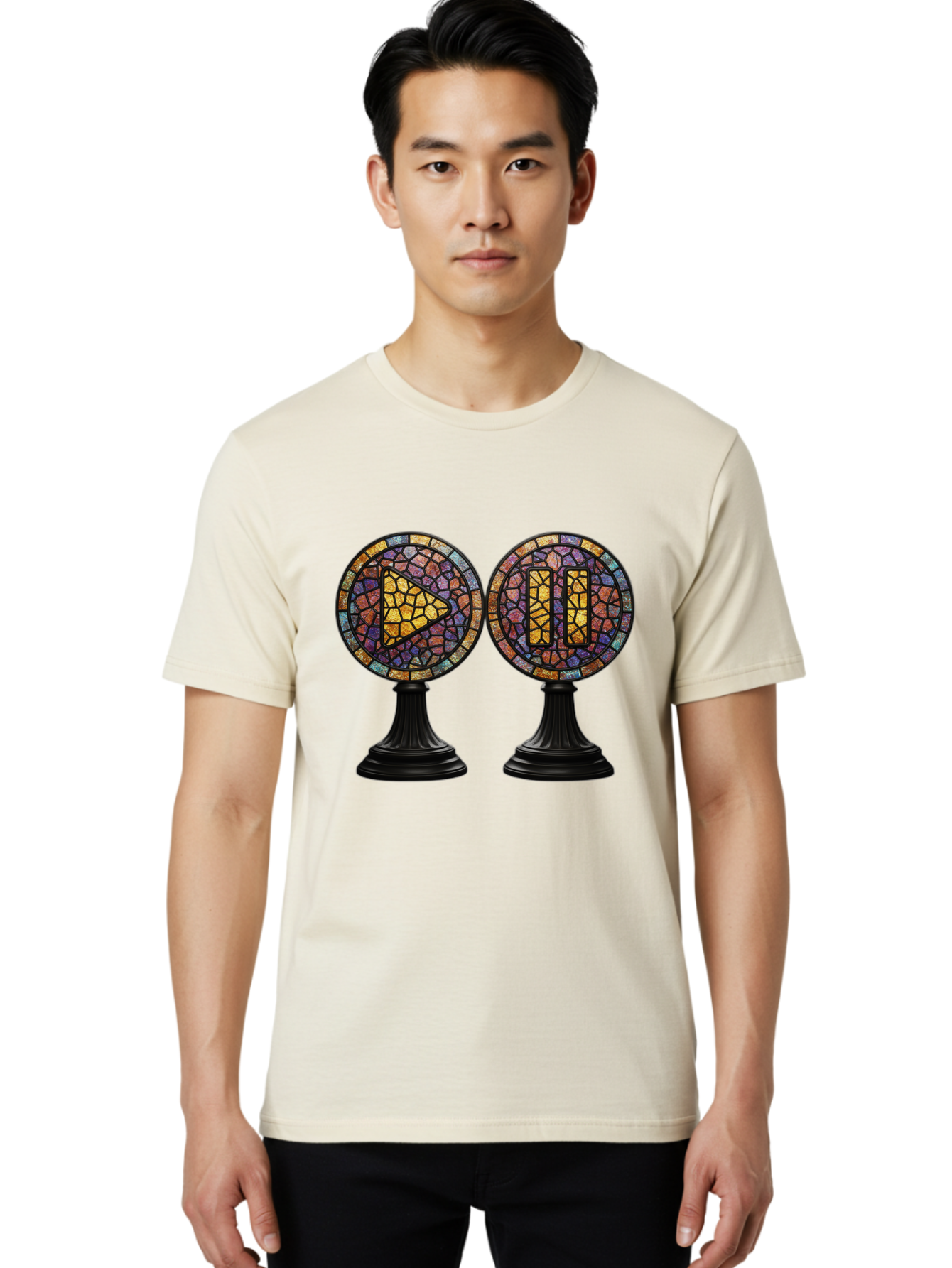 Stained-Glass-Play-And-Pause-Buttons Men'S Graphic Tee, 100% Cotton, Comfortable Casual Summer Wear, Machine Washable, Mosaic Art, Play And Pause Buttons, Media Controls, Stained Glass Design, Colorful Tiles, Black Pedestals, Bac448