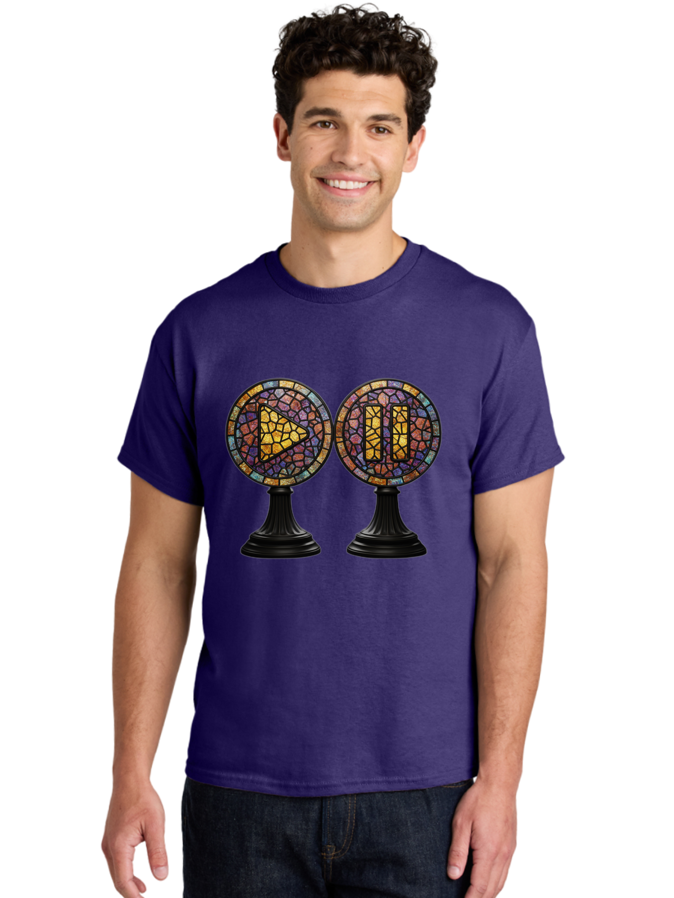 Stained-Glass-Play-And-Pause-Buttons Men'S Graphic Tee, 100% Cotton, Comfortable Casual Summer Wear, Machine Washable, Mosaic Art, Play And Pause Buttons, Media Controls, Stained Glass Design, Colorful Tiles, Black Pedestals, Bac448
