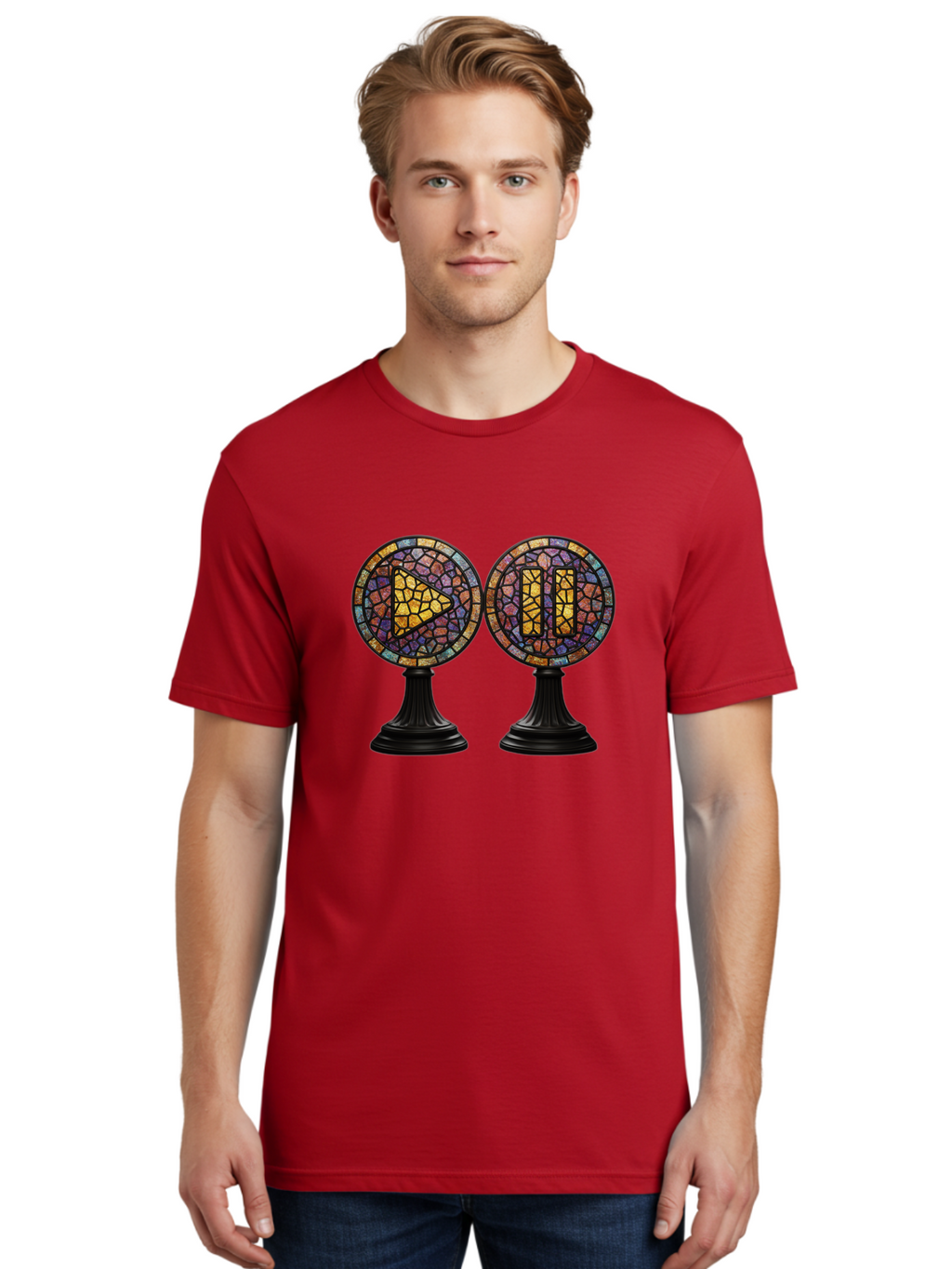 Stained-Glass-Play-And-Pause-Buttons Men'S Graphic Tee, 100% Cotton, Comfortable Casual Summer Wear, Machine Washable, Mosaic Art, Play And Pause Buttons, Media Controls, Stained Glass Design, Colorful Tiles, Black Pedestals, Bac448