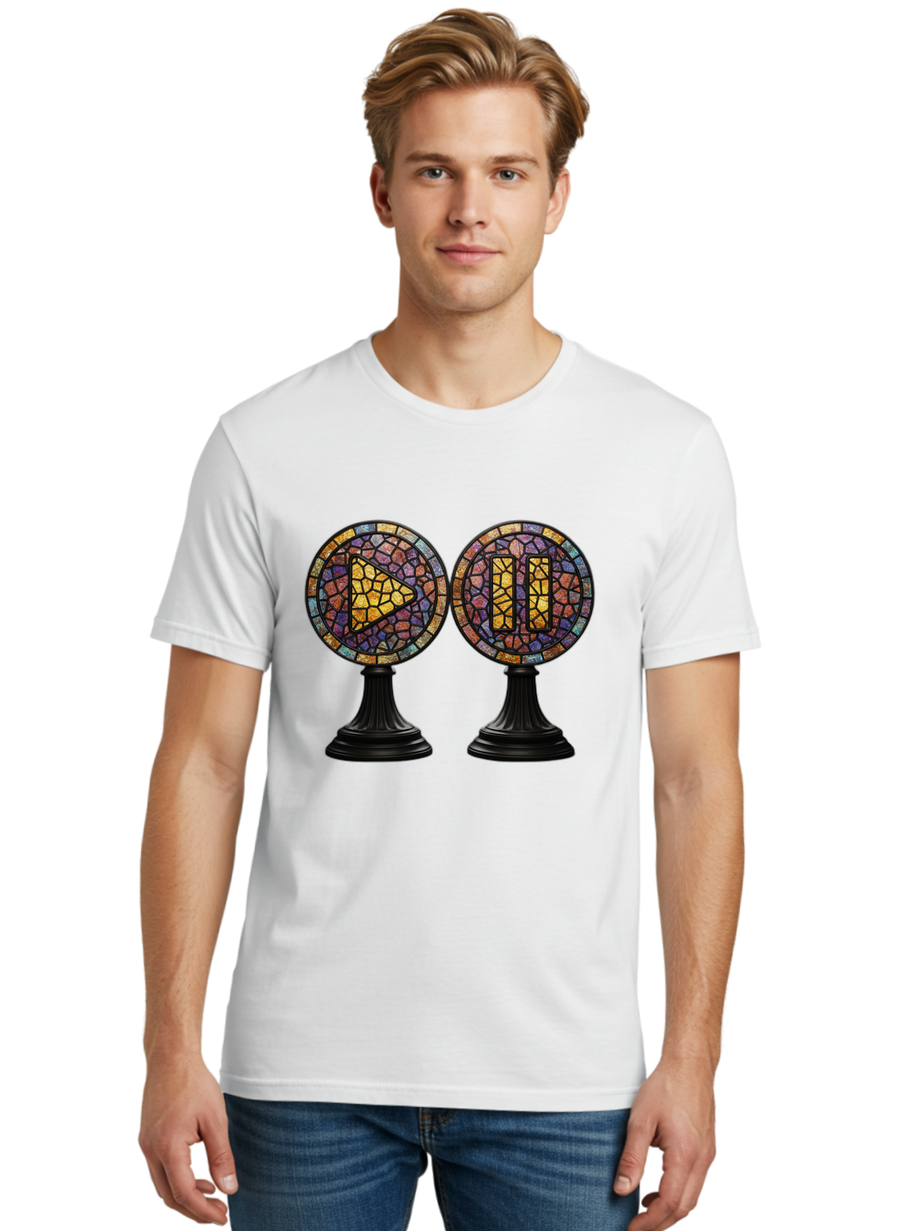 Stained-Glass-Play-And-Pause-Buttons Men'S Graphic Tee, 100% Cotton, Comfortable Casual Summer Wear, Machine Washable, Mosaic Art, Play And Pause Buttons, Media Controls, Stained Glass Design, Colorful Tiles, Black Pedestals, Bac448