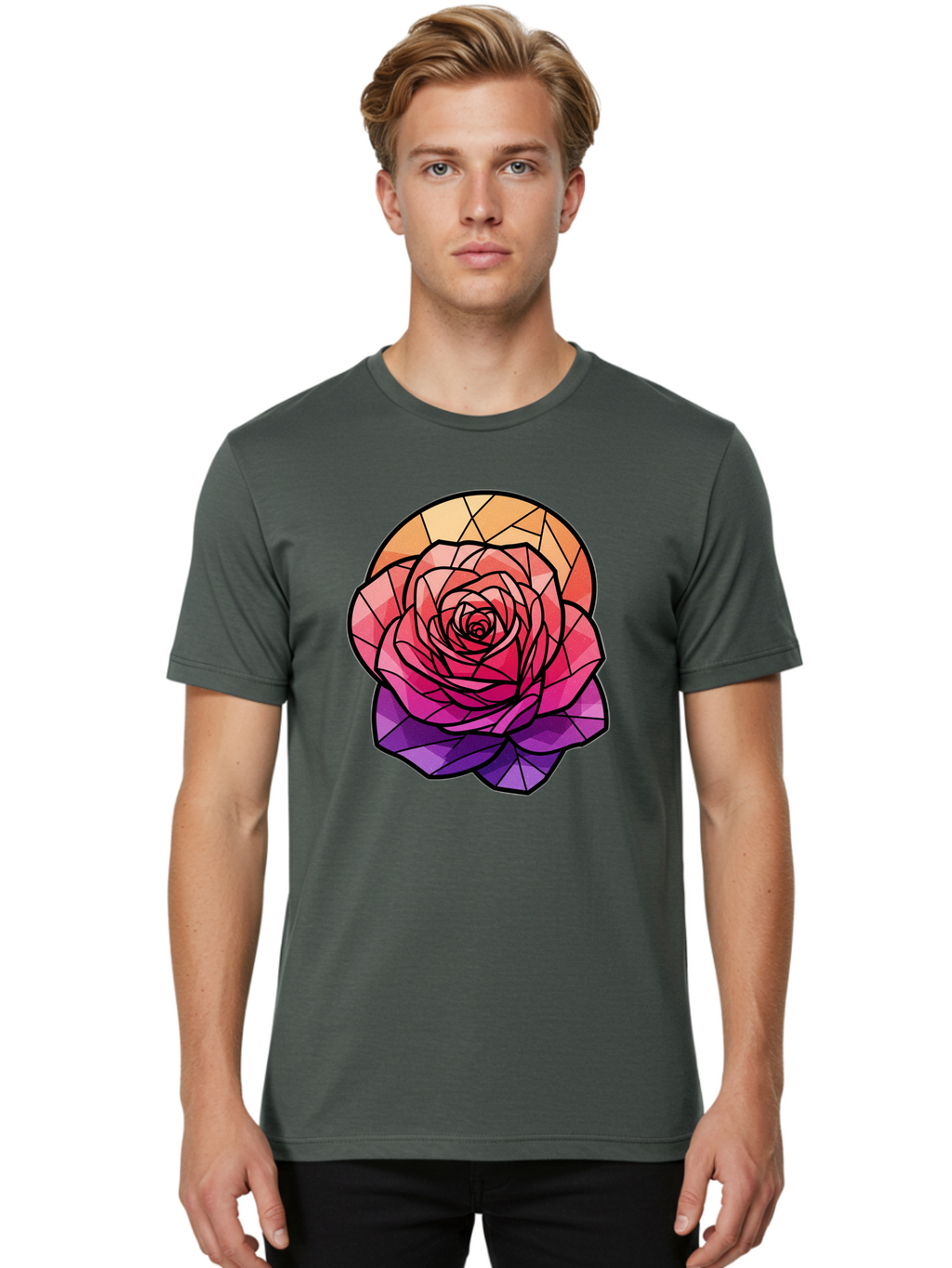Stained-Glass-Rose Men'S Graphic Tee, 100% Cotton, Comfortable Casual Summer Wear, Machine Washable, Stained Glass Rose, Mosaic Art, Colorful Flowers, Floral Designs, Pink And Purple Hues, Vibrant Petals, Black Outlines, Geometric Patterns, Bac449