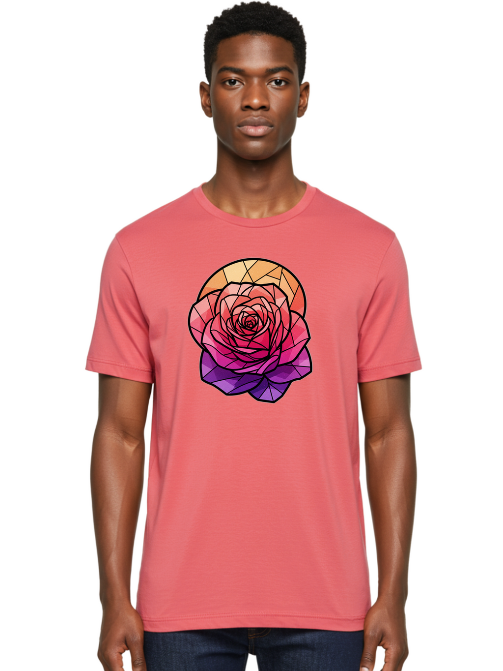 Stained-Glass-Rose Men'S Graphic Tee, 100% Cotton, Comfortable Casual Summer Wear, Machine Washable, Stained Glass Rose, Mosaic Art, Colorful Flowers, Floral Designs, Pink And Purple Hues, Vibrant Petals, Black Outlines, Geometric Patterns, Bac449