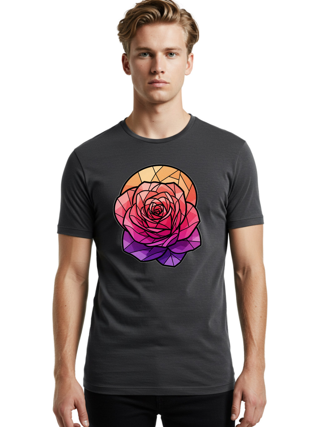 Stained-Glass-Rose Men'S Graphic Tee, 100% Cotton, Comfortable Casual Summer Wear, Machine Washable, Stained Glass Rose, Mosaic Art, Colorful Flowers, Floral Designs, Pink And Purple Hues, Vibrant Petals, Black Outlines, Geometric Patterns, Bac449