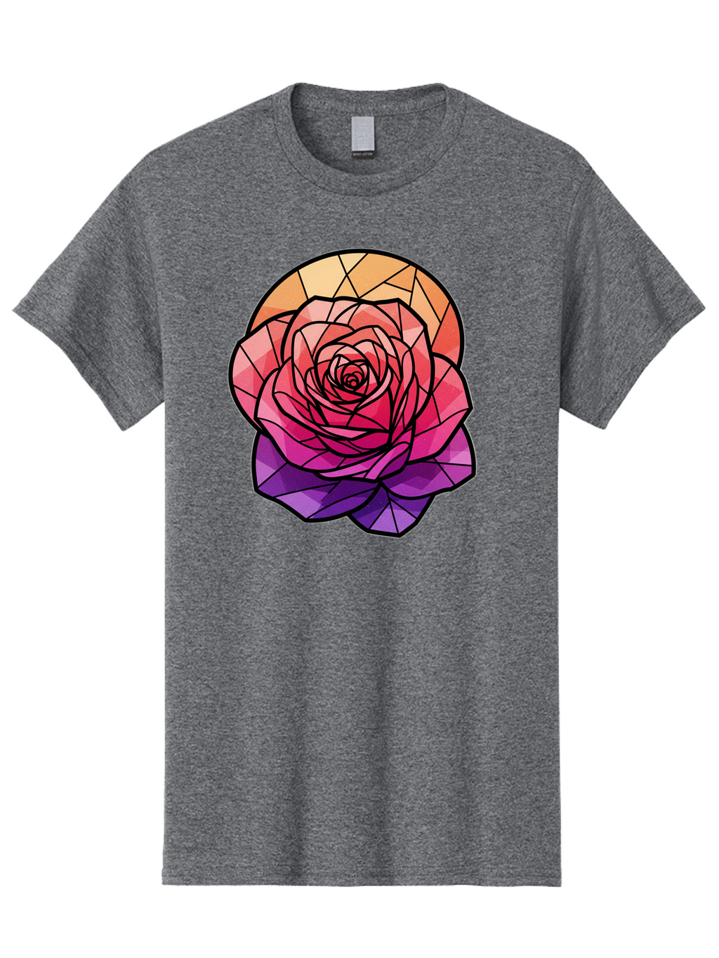 Stained-Glass-Rose Men'S Graphic Tee, 100% Cotton, Comfortable Casual Summer Wear, Machine Washable, Stained Glass Rose, Mosaic Art, Colorful Flowers, Floral Designs, Pink And Purple Hues, Vibrant Petals, Black Outlines, Geometric Patterns, Bac449