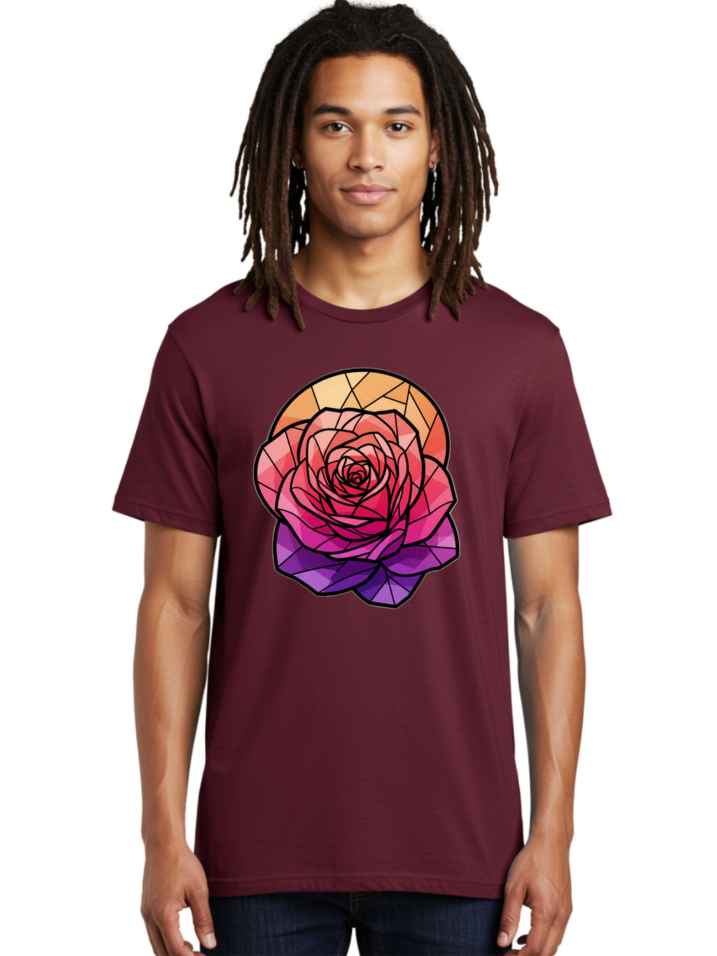 Stained-Glass-Rose Men'S Graphic Tee, 100% Cotton, Comfortable Casual Summer Wear, Machine Washable, Stained Glass Rose, Mosaic Art, Colorful Flowers, Floral Designs, Pink And Purple Hues, Vibrant Petals, Black Outlines, Geometric Patterns, Bac449