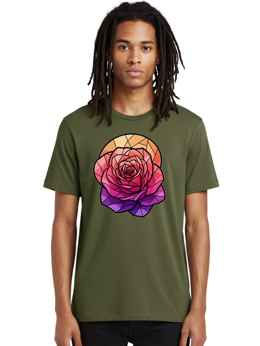 Stained-Glass-Rose Men'S Graphic Tee, 100% Cotton, Comfortable Casual Summer Wear, Machine Washable, Stained Glass Rose, Mosaic Art, Colorful Flowers, Floral Designs, Pink And Purple Hues, Vibrant Petals, Black Outlines, Geometric Patterns, Bac449