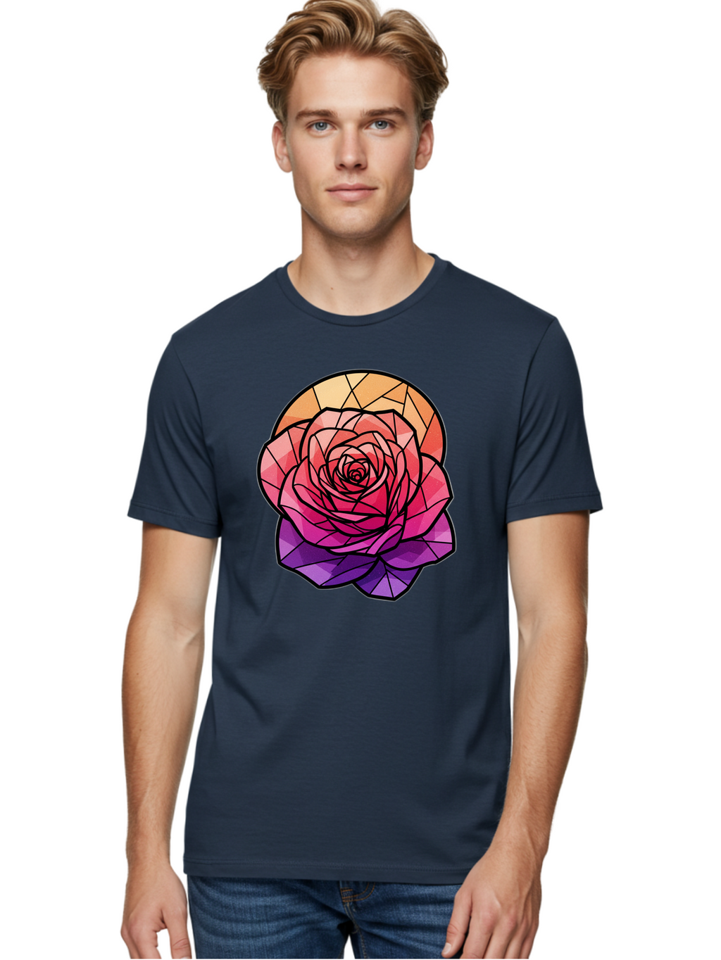 Stained-Glass-Rose Men'S Graphic Tee, 100% Cotton, Comfortable Casual Summer Wear, Machine Washable, Stained Glass Rose, Mosaic Art, Colorful Flowers, Floral Designs, Pink And Purple Hues, Vibrant Petals, Black Outlines, Geometric Patterns, Bac449