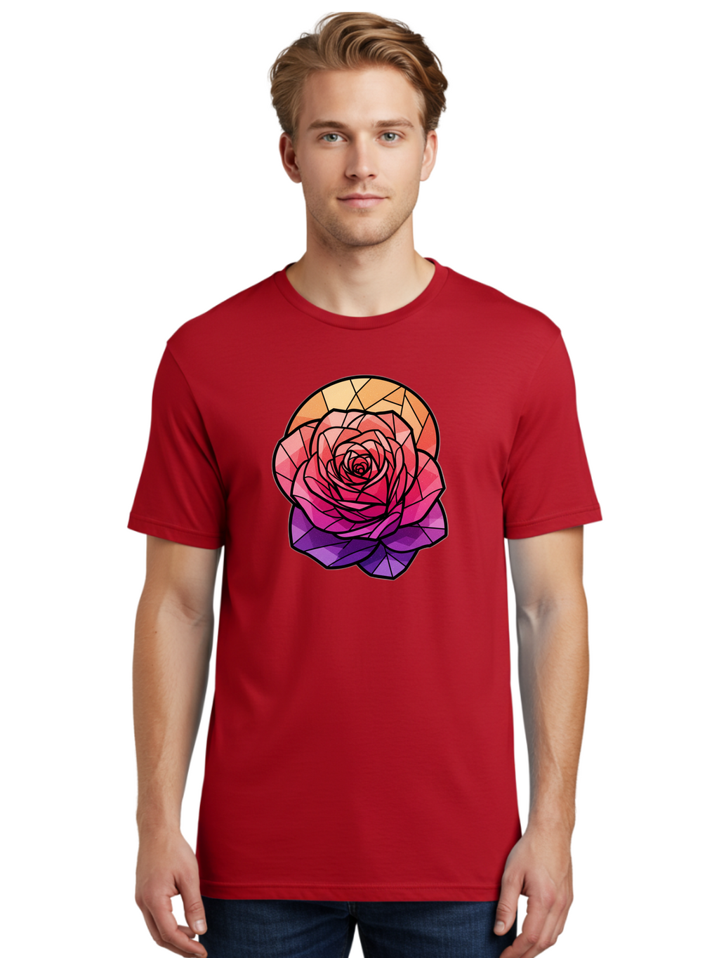 Stained-Glass-Rose Men'S Graphic Tee, 100% Cotton, Comfortable Casual Summer Wear, Machine Washable, Stained Glass Rose, Mosaic Art, Colorful Flowers, Floral Designs, Pink And Purple Hues, Vibrant Petals, Black Outlines, Geometric Patterns, Bac449