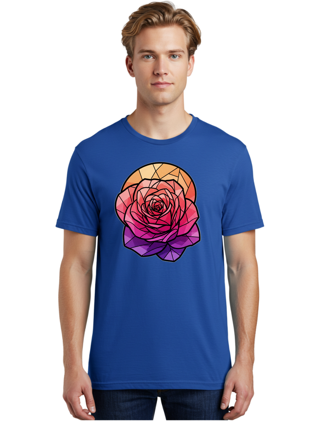 Stained-Glass-Rose Men'S Graphic Tee, 100% Cotton, Comfortable Casual Summer Wear, Machine Washable, Stained Glass Rose, Mosaic Art, Colorful Flowers, Floral Designs, Pink And Purple Hues, Vibrant Petals, Black Outlines, Geometric Patterns, Bac449